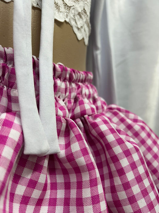 Saia xadrez rosa e branca